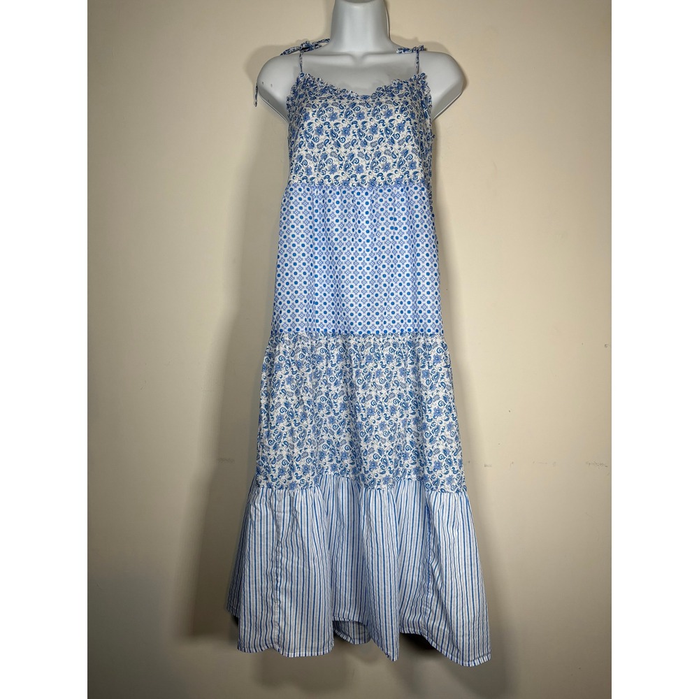 J.Crew Tiered Maxi Dress Blue Mixed Floral Stripe Coastal Cottagecore Boho Med